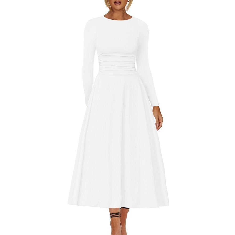 Long Sleeve Corset A Line Maxi Dress Ruffle Ruched Waist Flowy (X-Large, White)